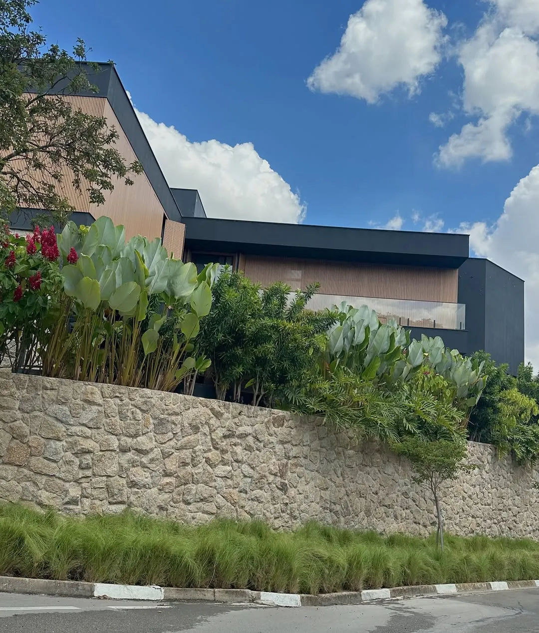 Jardim de fachada em terreno em declive com muro de pedra e capins